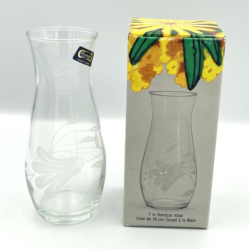 New Vintage 1980s Pasabahce 7" Handcut Glass Bouquet Vase Floral‎ Etched Turkey